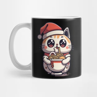 Kawaii cat eating noodles Christmas design Mug